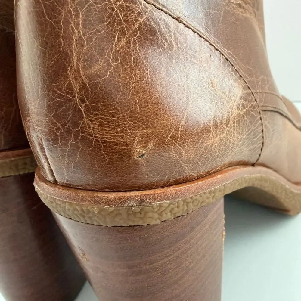 Michael Kors Kim Leather Carmel Distressed Stacked Heel Ankle Boots Size 7.5